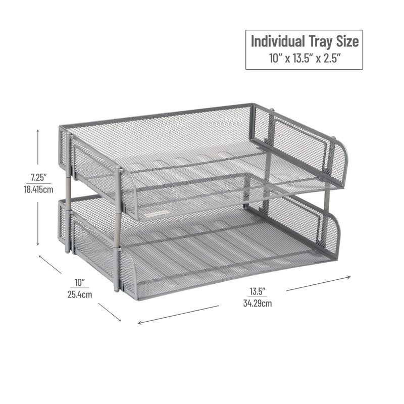Mind Reader Stackable Paper Tray, Desktop Organizer, File Storage, Office, Metal Mesh, 13.5" L x 10" W x 7.25" H, 2 Pcs., Silver - Image 3